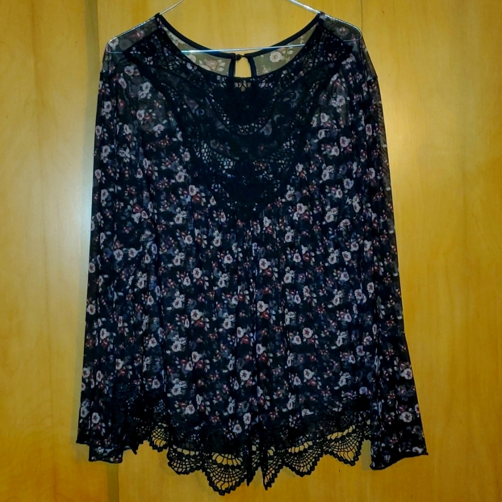 Self Esteem Long Sleeved Sheer Shirt with Floral Pattern 2X